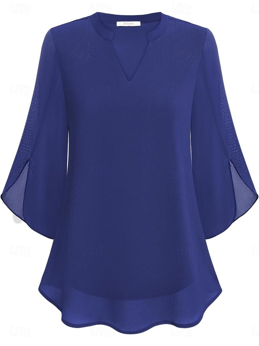 Women's Blouse Solid Color Elegant Stylish Casual 3/4 Length Sleeve V Neck Regular Tops Daily Pink Wine Red Royal Blue Green Summer Spring 2026 - $21.99 –P3
