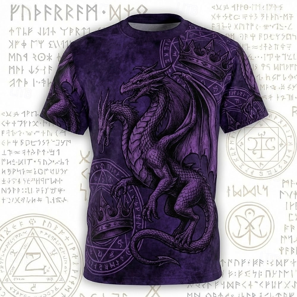 Retro jaren 90 paarse meerkoppige draak hydra magische cirkel runen 3D graphic t-shirt heren vintage gothic occult korte mouw t-shirt kleding S M L XL XXL XXXL 2026 - $21.99 –P1