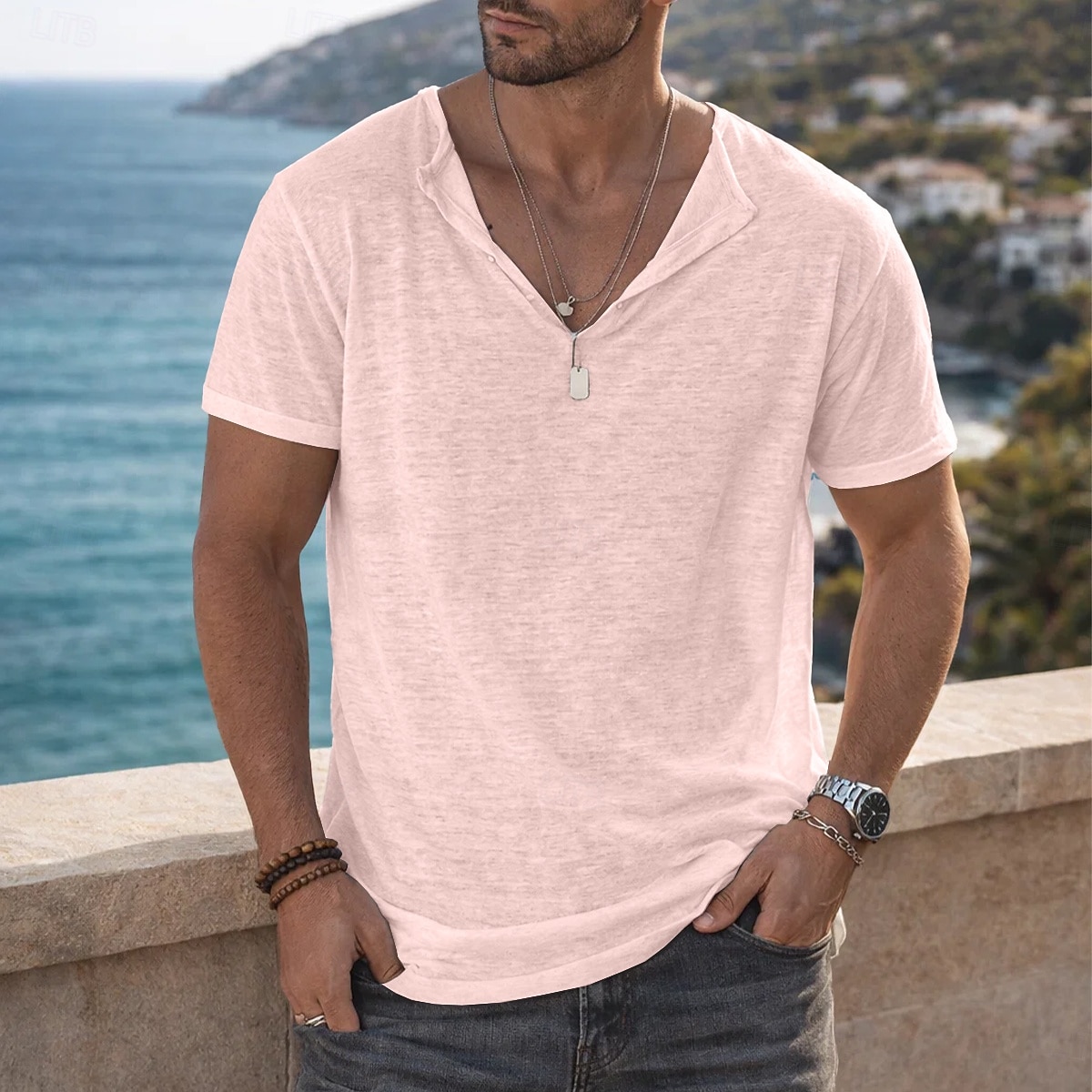 Men's Tee Top Linen T-Shirt Short Sleeve Short Sleeves Henley Collar Summer Plain Fashion Designer Basic Soft Casual Vacation Street Light Blue Top Tee for Men 2026 - $20.99 –P8