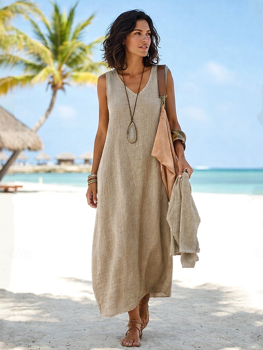 Φόρεμα Maxi από Λευκό Λινό Σατέν με Λάδι Σατράπεζα Φόρεμα Καλοκαίρι Καθημερινό Εξωτερικό Κανονική Εφαρμογή Μονοχρωμία Χωρίς Μανίκι V Λαιμό Μπλε Καλοκαίρι Άνοιξη 2026 - $26.99 –P5