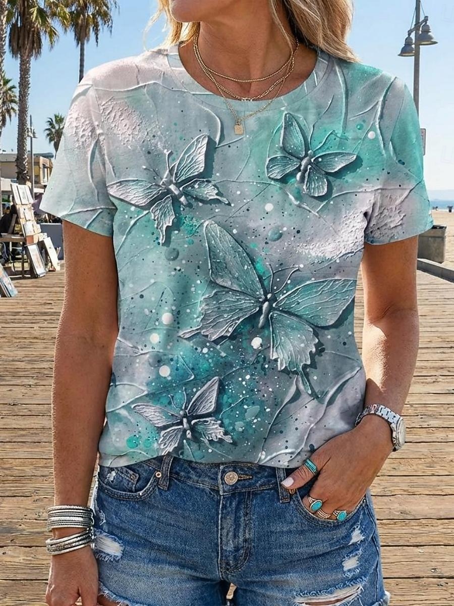 Femmes T-shirt Imprimé Papillon Mode Moderne Manche Courte Col ras du cou Hauts Réguliers Quotidien Bleu Jaune Rose Claire Bleu Ciel Été de 2026 ? $22.99 –P1