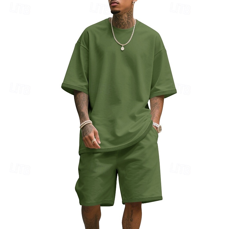 Męskie T-shirt Garnitury 2 sztuki stroje Koszulka i spodenki Krótki rękaw Półgolf Lato Równina Moda Codzienny 2-częściowa Codzienny Urlop Dzienne zużycie Zgniła zieleń Czarny Biały Top Tee dla 2026 - $31.99 –P14