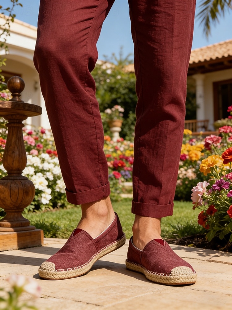 Ανδρικά παπούτσια εσπαντρίγια σε μπορντό χρώμα, slip-on σχέδιο με σόλα εσπαντρίγια από γιούτα, casual & άνετα, ιδανικά για υπαίθρια θέρετρα και χαλαρές αποδράσεις. 2026 - $42.99 –P1