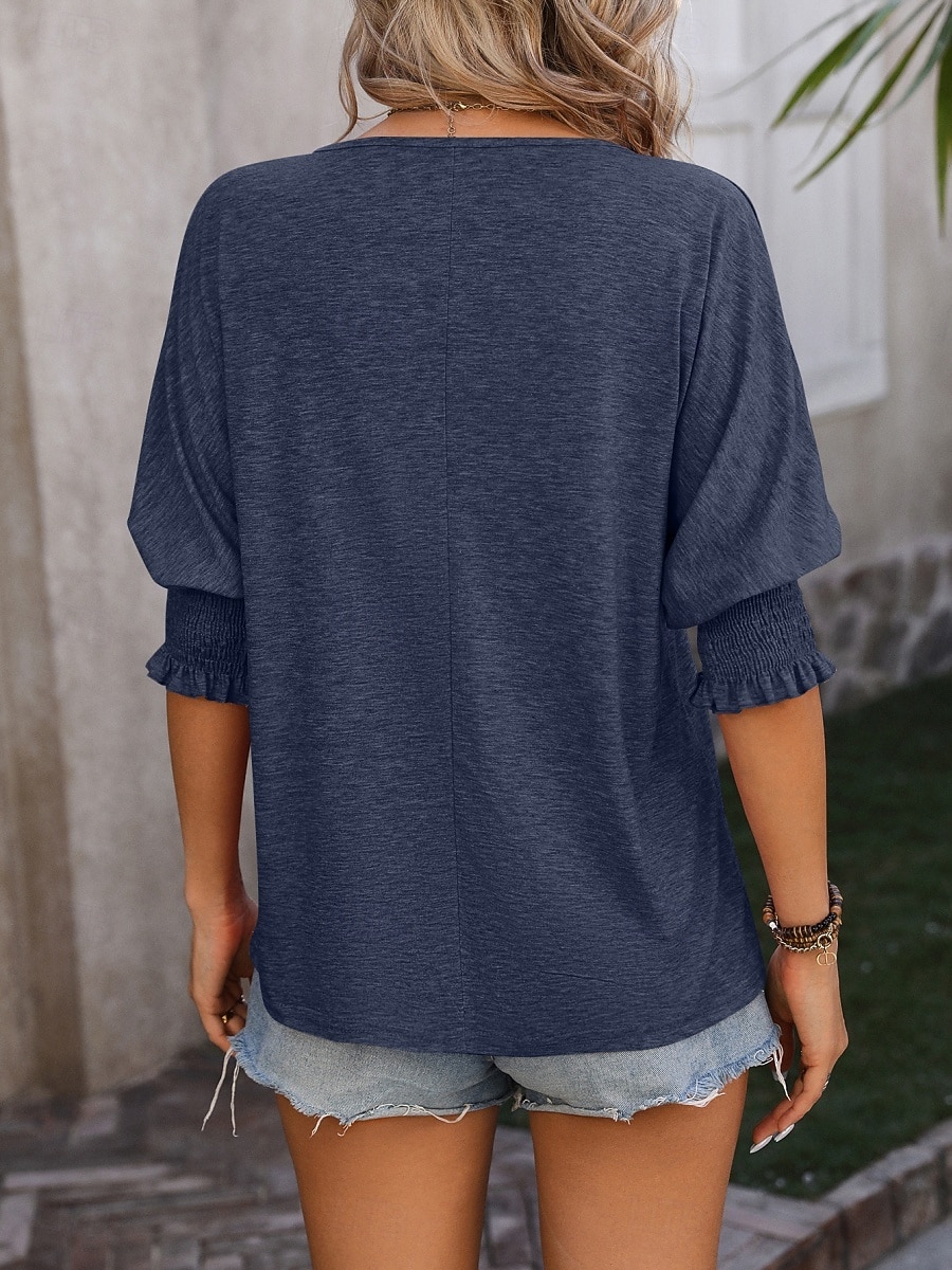 Damen T Shirt Rüsche Einfarbig Vintage Stilvoll Klassisch Dreiviertelarm V Ausschnitt Normale Oberteile Täglich Schwarz Rosa Marineblau Fuchsie Grün Sommer Frühling 2026 - $25.99 –P8