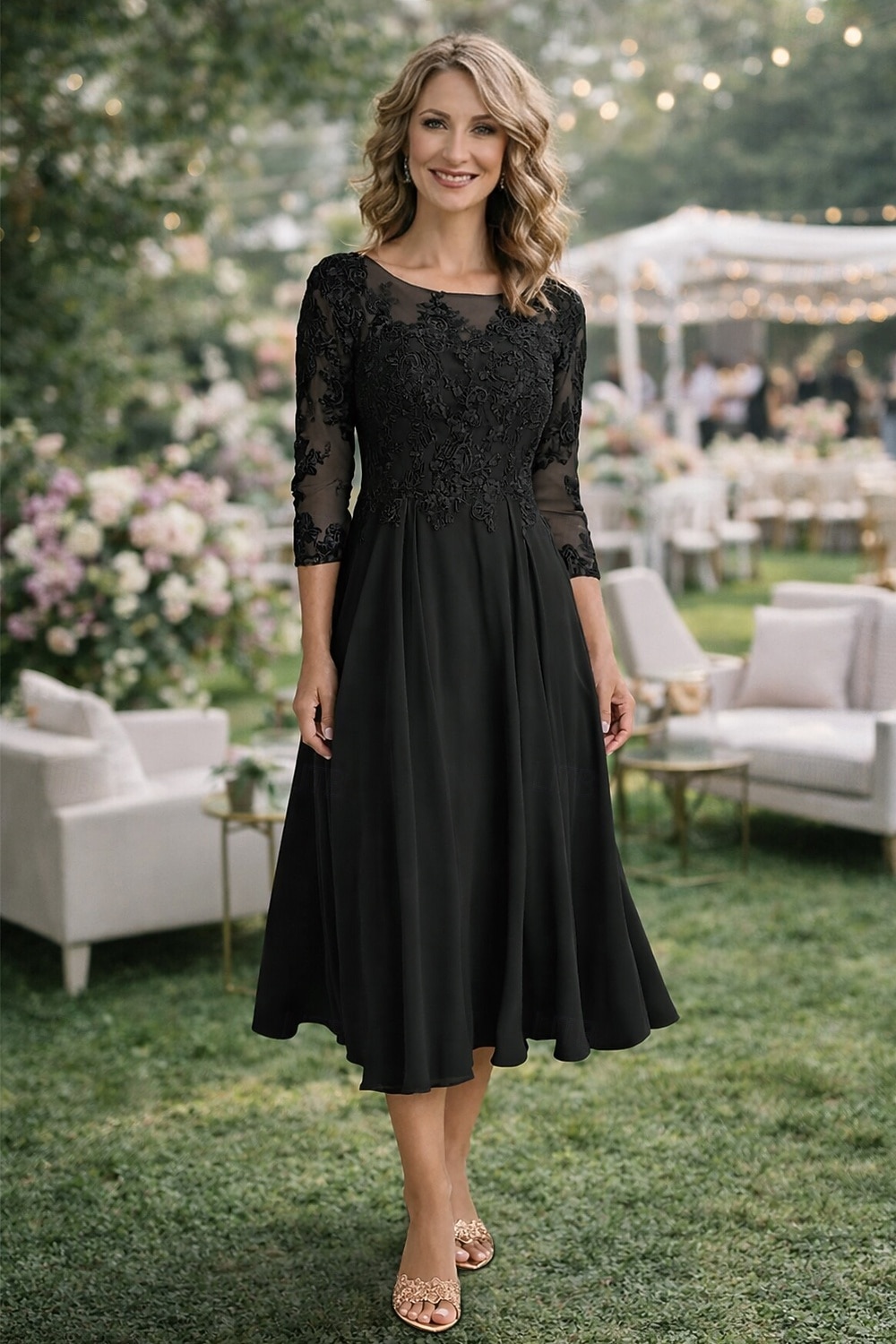 Linea ad A Lunghezza alla caviglia Vestito da Festa Abito da Cocktail Abito da invitata a nozze Abito da cerimonia per signora Manica 3/4 Girocollo Elegante Ospite di nozze Festa di fidanzamento del 2026 a $195.99 –P12