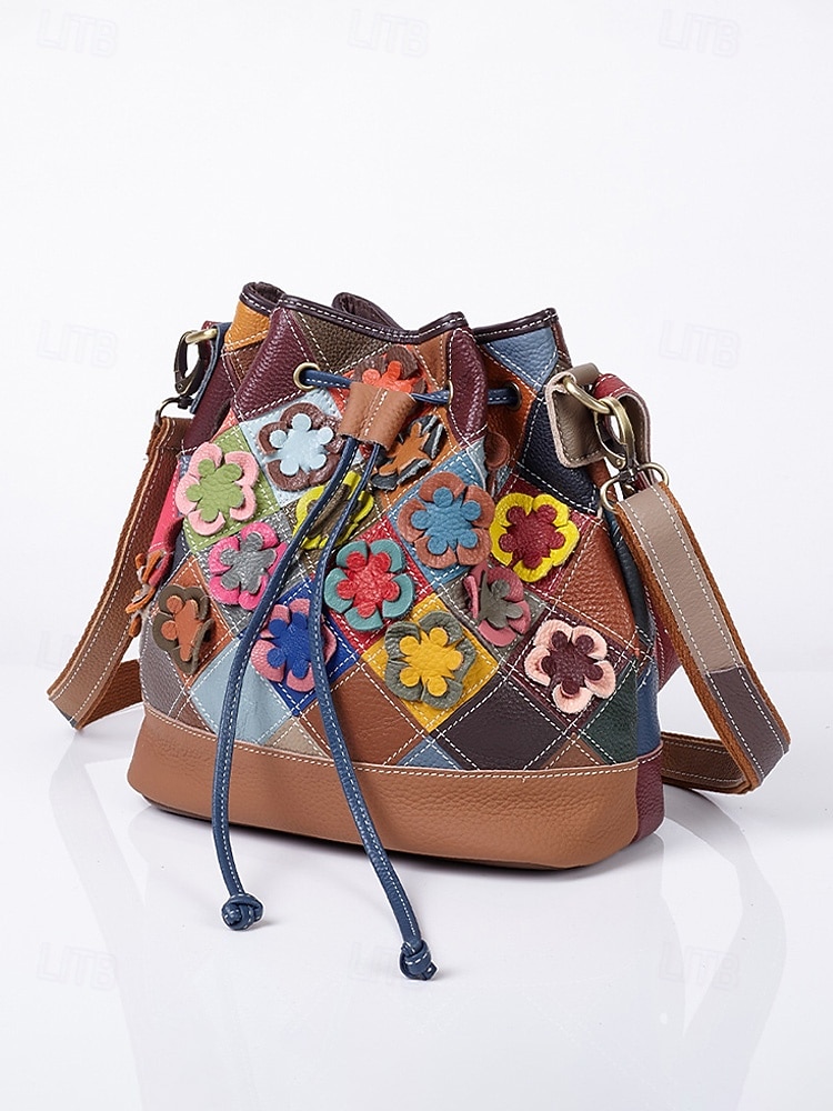 női bohém bőr vödörtáska, többszínű virágmintával, sokoldalú viselet, állítható vállpántok, tökéletes a mindennapi használatra 2026 - $54.99 –P8
