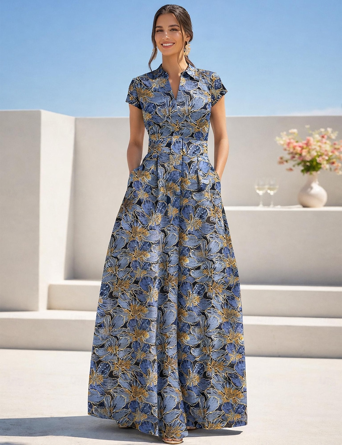 A-Line Floor Length Wedding Guest Dress Formal Dresses Evening Gown Mother of the Bride Dress Short Sleeve V Neck Elegant Vintage Wedding Formal Nylon with Slit Pocket 2026 - $186.99 –P1
