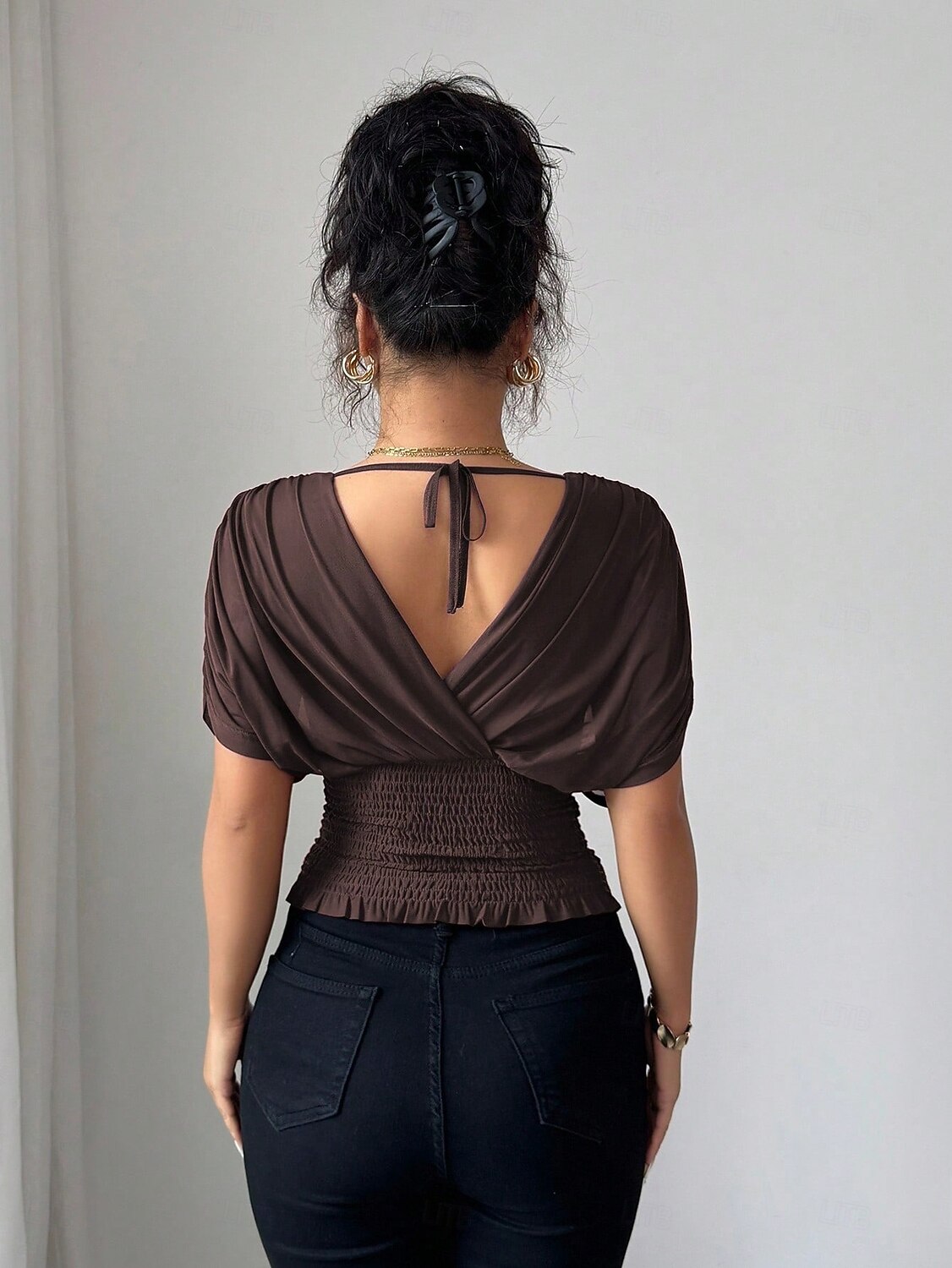 Per donna Blusa Tinta unica Semplice Elegante Vintage Moda Manica Corta Scollo a V Scollo profondo Top Regolari Rosso violaceo Marrone caffè Nero Verde militare Estate Primavera del 2026 a $24.99 –P11