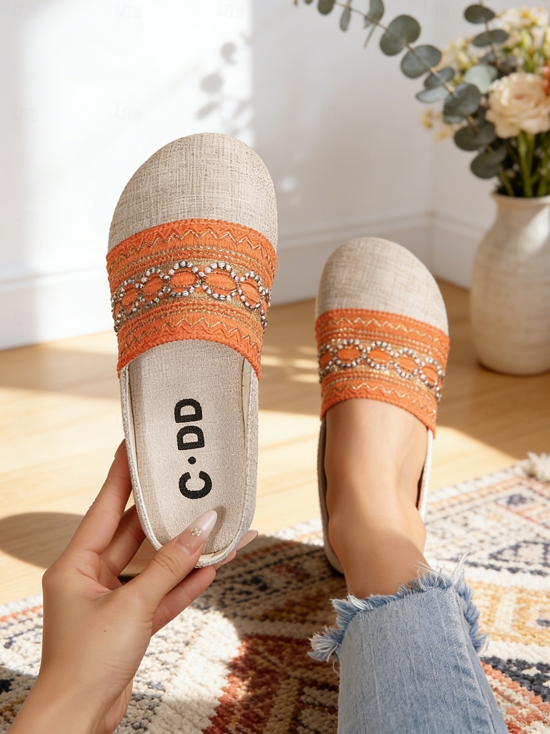 muli ricamati bohémien arancioni da donna - slip-on etniche in tela di lino per picnic estivi, vacanze &passeggiate in spiaggia del 2026 a $18.99 –P5