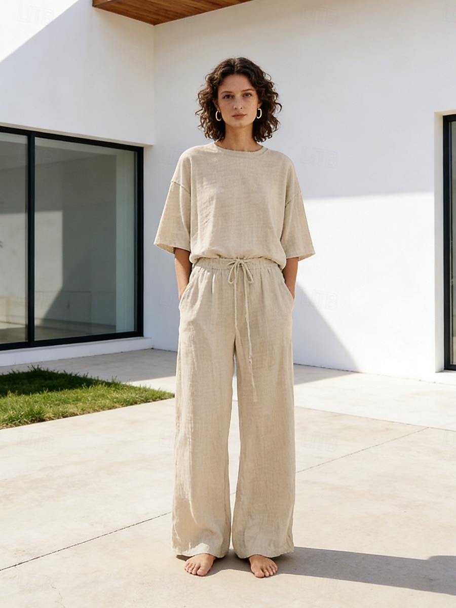 Completo pantaloni da donna in lino al 15%, completo in lino, tinta unita, tasca, elastico in vita, t-shirt, pantalone, casual, a maniche lunghe, girocollo, blu, nero, bianco, blu navy, marrone chiaro, estate, primavera del 2026 a $37.99 –P10