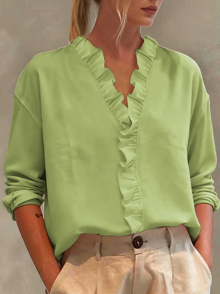 Women's Linen-feel Shirts Blouse Ruffle Solid Color Stylish Basic Casual Long Sleeve V Neck Regular Tops Daily Blue White Pink Royal Blue Green Spring Fall 2026 - $21.99 –P4