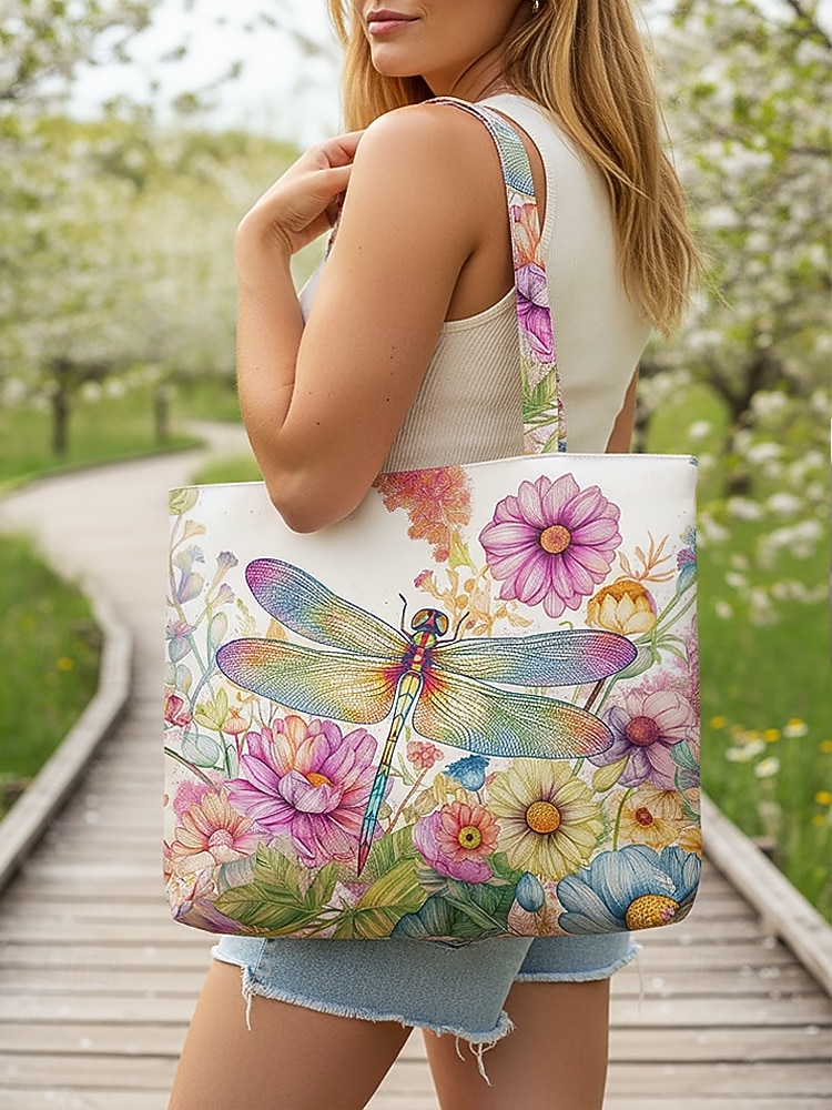 2026年 女性用ポリエステルトートバッグ、大容量、ジッパー開閉、トンボプリント、複数のデザイン、休暇や普段使いに最適  コレクション – $18.99 –P3