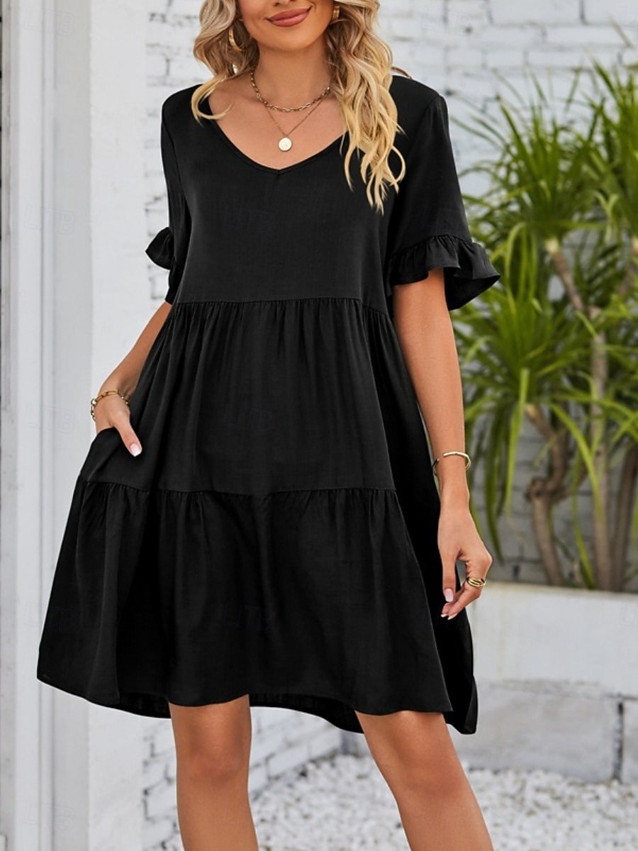 Dames Mini-jurk Casual jurk Katoenen jurk Zomerjurk Elegant Modieus Modern Buiten Vakantie Uitgaan Ruim Passend Effen Korte mouw V-hals Zwart Wit Leger Groen Bordeaux Zomer Lente 2026 - $21.99 –P1