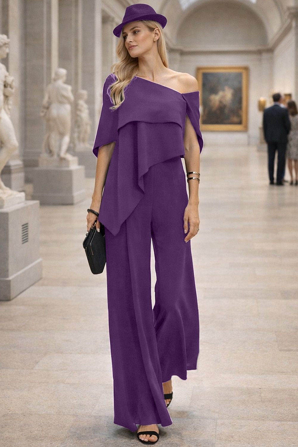 Jumpsuits Floor Length Mother of the Bride Dress Short Sleeve Off Shoulder Elegant Formal Wedding Guest Wedding Party Chiffon with Ruffles 2026 - $160.99 –P6