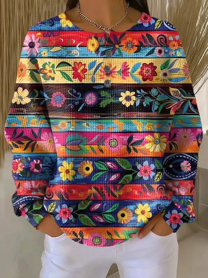 Damen Pullover Sweatshirt Knöpfe Blumen Grafik Mode Lässig Druck Langarm Rundhalsausschnitt Normale Oberteile Lässig Heim Arbeit Blau Schwarz und Rot Hellgrün Purpur Orange Sommer Frühling 2026 - $28.99 –P5