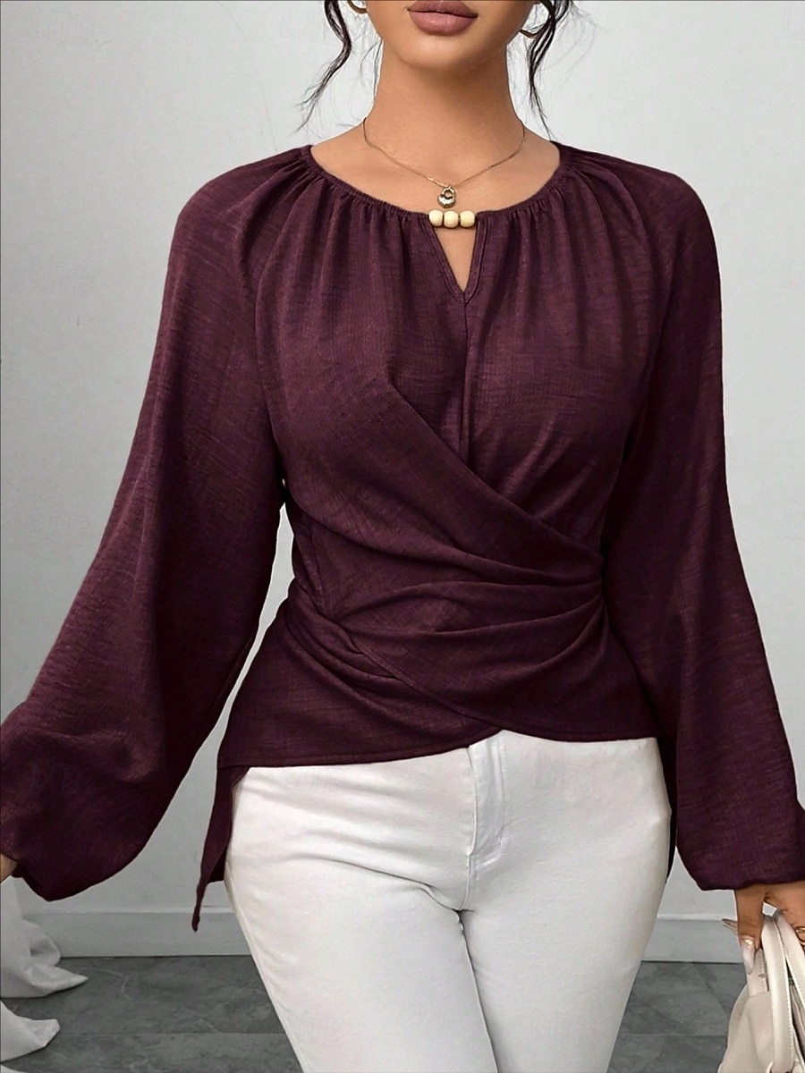Women's Blouse Ruched Plain Elegant Stylish Basic Long Sleeve Crew Neck Regular Tops Daily Streetwear Black Pink Wine Green Khaki Spring Fall 2026 - $29.99 –P6