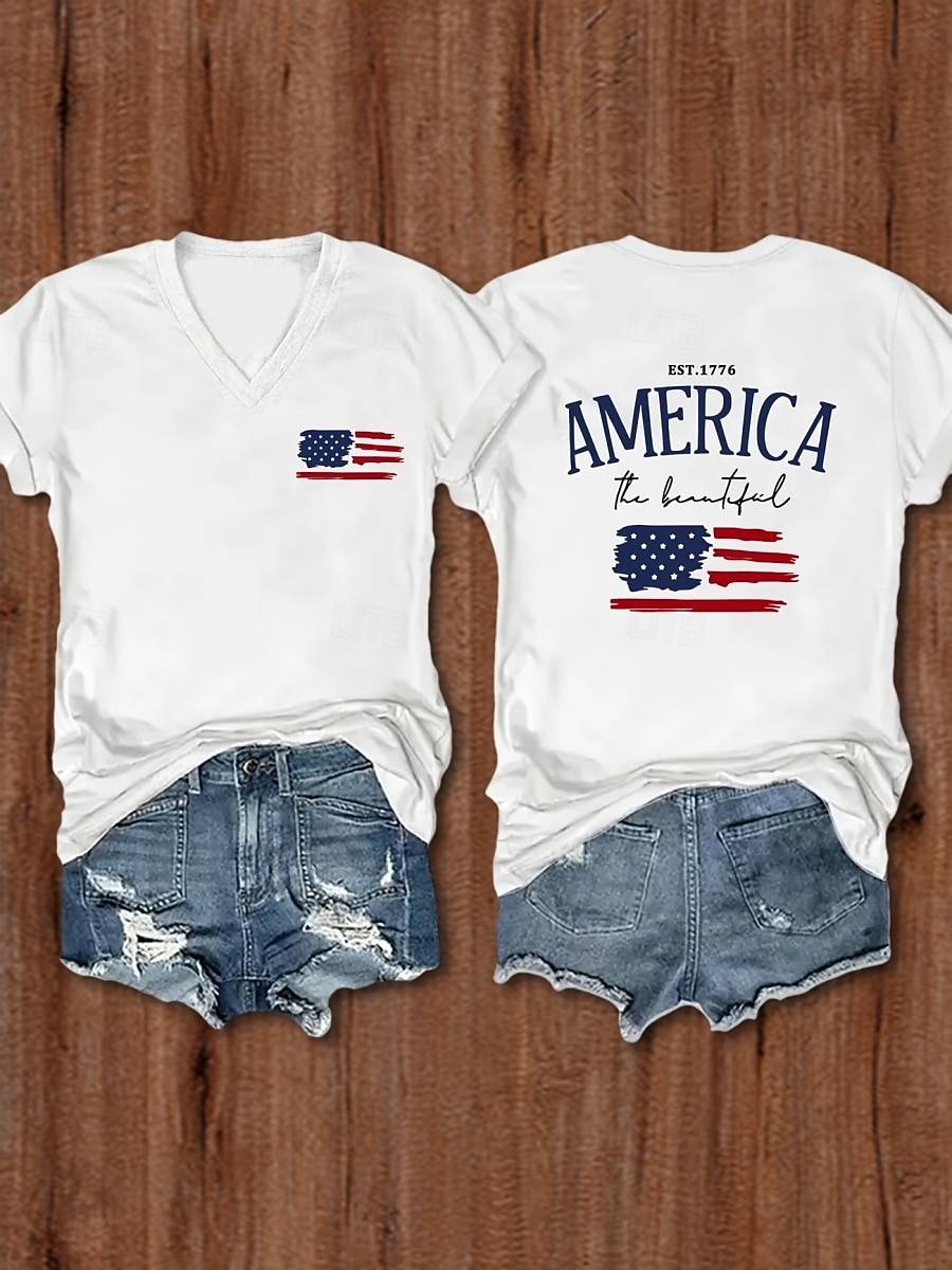 Amerikanska självständighetsdagen Dam T-shirt T-tröja Mönster Grafisk Flagga Stylish Klassisk Ledigt Kortärmad V-hals Vanliga toppar Dagligen Utekväll Helgen Vit Sommar Vår 2026 - $19.99 –P1