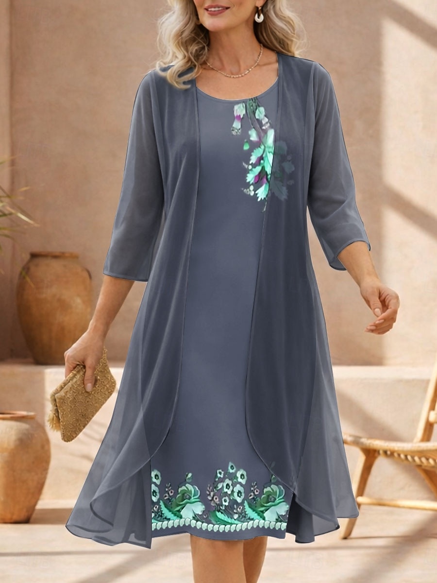 Per donna Insieme del vestito Abito a Tubino Abito Estivo Elegante Floreale Grafico Stratificato Stampato Abito Midi Manica 3/4 Girocollo Quotidiano Vacanza Blu Viola Verde Estate Primavera del 2026 a $43.99 –P2