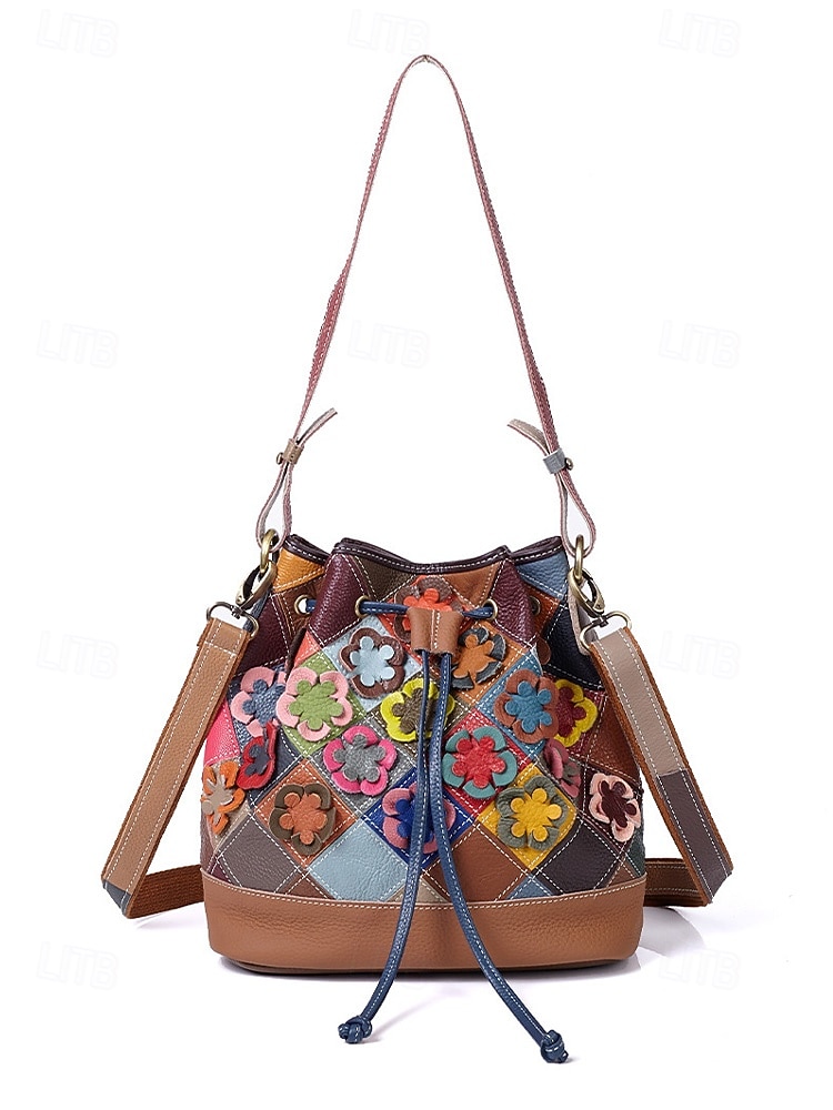 női bohém bőr vödörtáska, többszínű virágmintával, sokoldalú viselet, állítható vállpántok, tökéletes a mindennapi használatra 2026 - $54.99 –P5