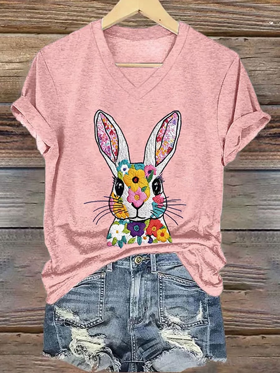 Pâques Femmes T-shirt Imprimé Fleuri Graphique Animal Élégant Classique Occasionnel Manche Courte Col en V Hauts Réguliers Quotidien Bleu Blanche Rose Claire Vert Été Printemps de 2026 ? $21.99 –P3