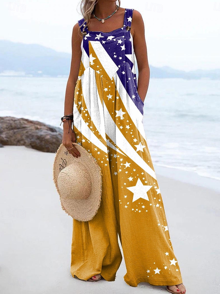 Unabhängigkeitstag Patriotic Damen Latzhose Aktiv Grafik Ärmellos Weite Beinform Quadratischer Ausschnitt Taschen Knöpfe Alltag Strand Lockere Passform Gelb Rot Lila Sommer 2026 - $43.99 –P3