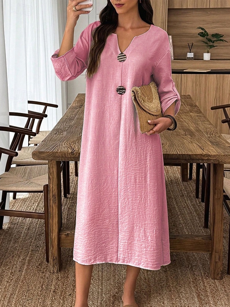 Mujer Vestido Midi Vestido de cambio Vestido informal Vestido de Algodón Moda Moderno Diario Fin de semana Holgado Plano Manga Larga Escote en Pico Azul Piscina Blanco Rosa Verde Trébol Verano 2026 - $33.99 –P4