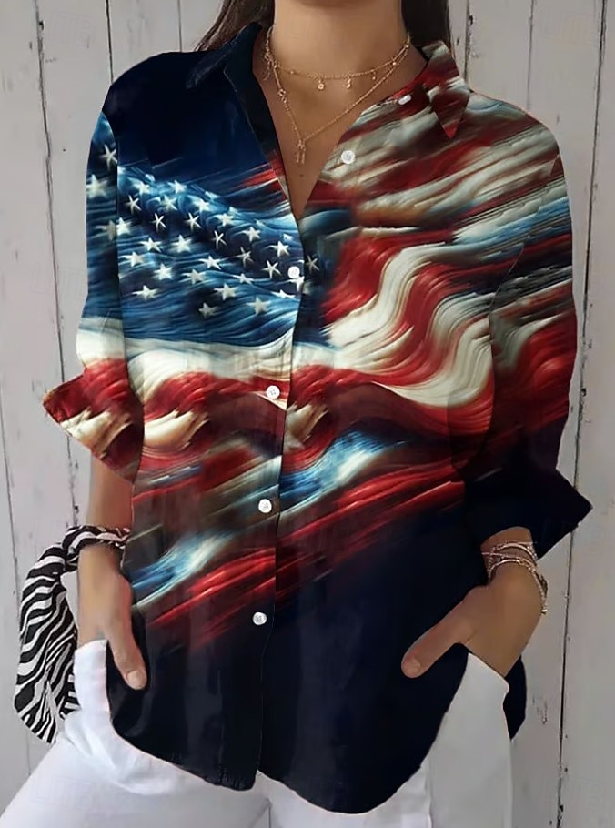 Ημέρα Αμερικανικής Ανεξαρτησίας Γυναικεία Πουκάμισο Σουρωτά Κουρελού Κουμπιά Γραφική Σημαία Βίντατζ Στυλάτο Μακρυμάνικο Ριχτά μανίκια Καμπάνα Κολάρο Πουκαμίσου Κανονικά μπλουζάκια 2026 - $39.99 –P3