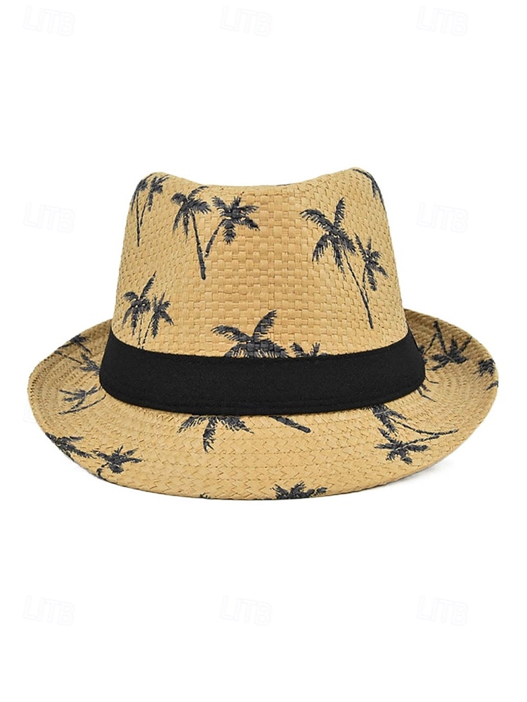 Sombrero fedora de paja para hombre con estampado de palmeras, ligero y transpirable, tejido para verano, disponible en varios colores, estilo informal de resort para vacaciones en la playa en primavera y uso diario. 2026 - $19.99 –P7