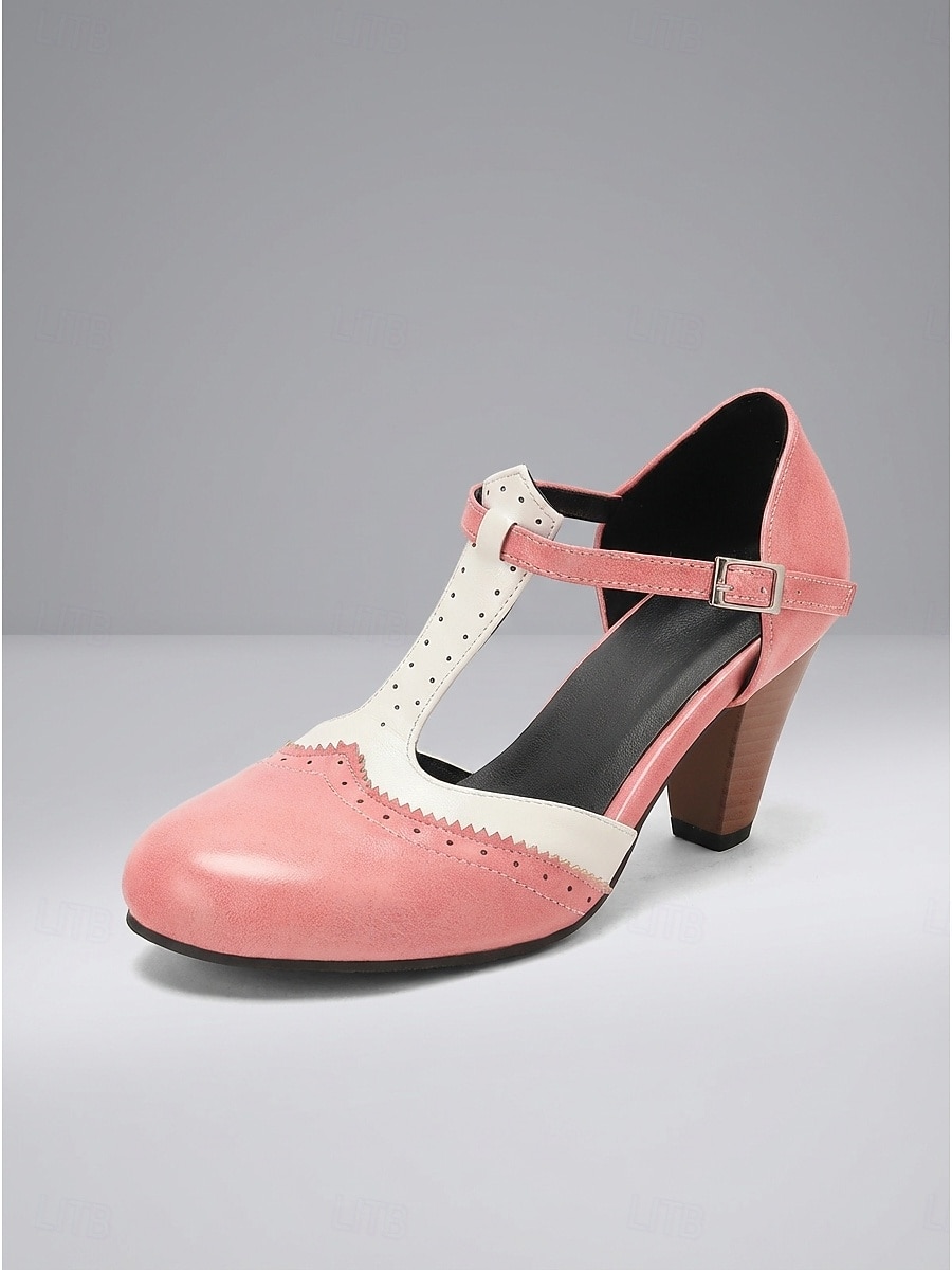 Damesko i burgunder og hvitt med t-stropper – elegante retro pumps med mellomhøy hæl og tofarget tilskuerdesign til brudens mor, innendørs kirkeseremonier og formelle mottakelser 2026 - $59.99 –P7