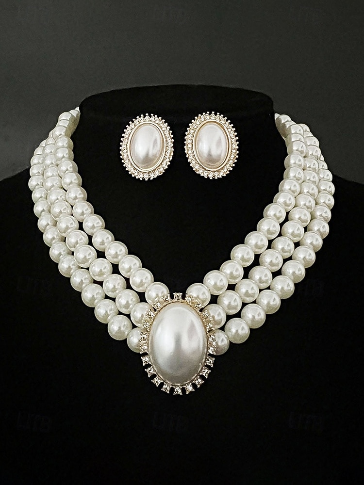 Женский комплект из ожерелья и сережек из искусственного жемчуга, винтажное элегантное многослойное колье-чокер с овальным кулоном, классические свадебные украшения для свадьбы, вечерних вечеринок и торжественных мероприятий. 2026 - $11.99 –P8