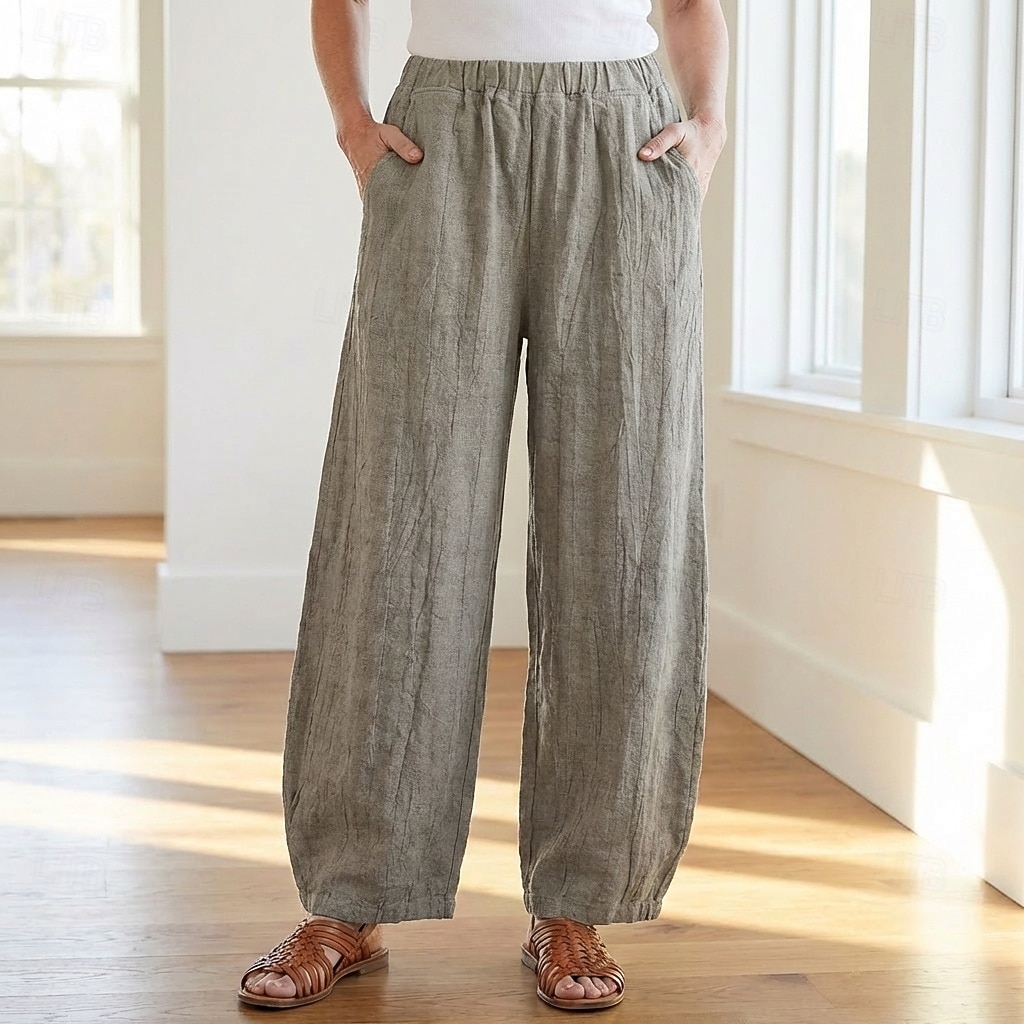70% Linen Women's Linen Pants Chinos Summer Pants Bloomers Vacation Streetwear Basic Full Length Medium Waist Plain Pocket Elastic Waistband Comfy Inelastic Daily Outdoor Street Violet Teal Dark 2026 - $49.99 –P11