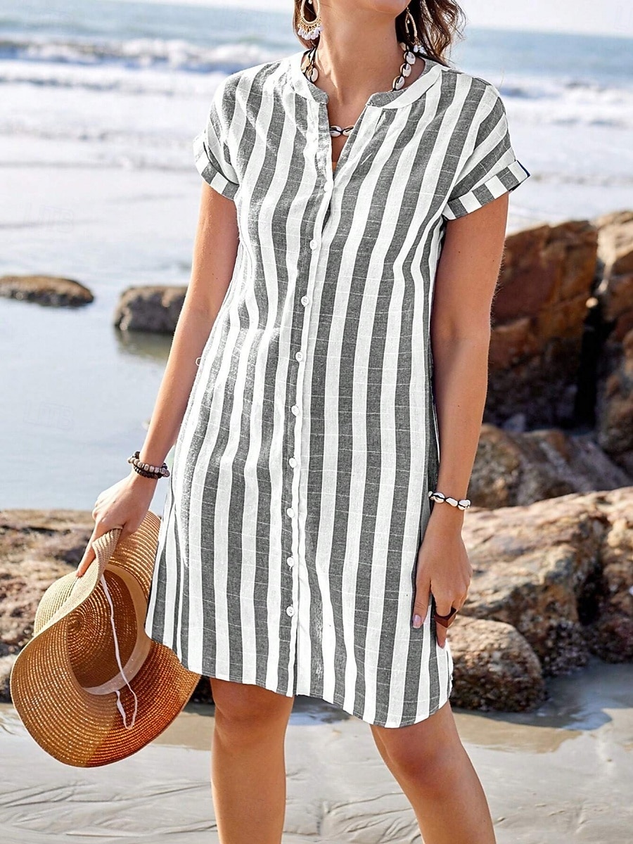 Per donna Mini Abito Abito a Tubino Vestito Estivo Abito Estivo Casual Quotidiano Vestibilità regolare A righe Manica Corta Scollo a V Blu Rosso Blu marino Grigio Estate del 2026 a $26.99 –P8