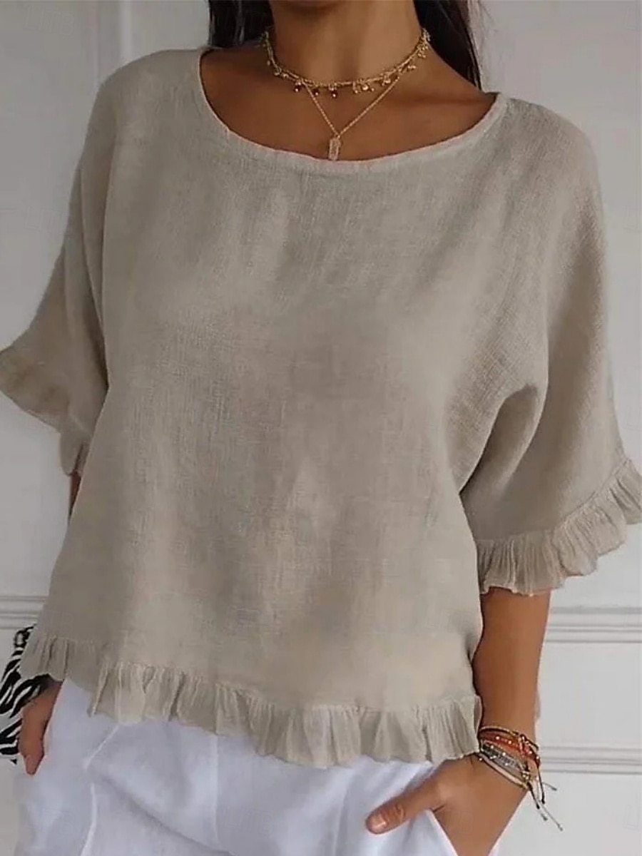Women's Linen-feel Shirts Blouse Ruffle Solid Color Stylish Casual Half Sleeve Crew Neck Regular Tops Daily Blue Green Apricot Summer Spring Fall 2026 - $21.99 –P6