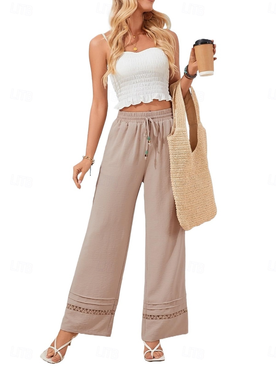 Women's Wide Leg Trousers Casual Pants Vacation Fashion Streetwear Full Length High Waist Plain Lace Elastic Waist Comfortable Breathable Inelastic Daily Vacation Street Black Almond Military Green 2026 - $29.99 –P19