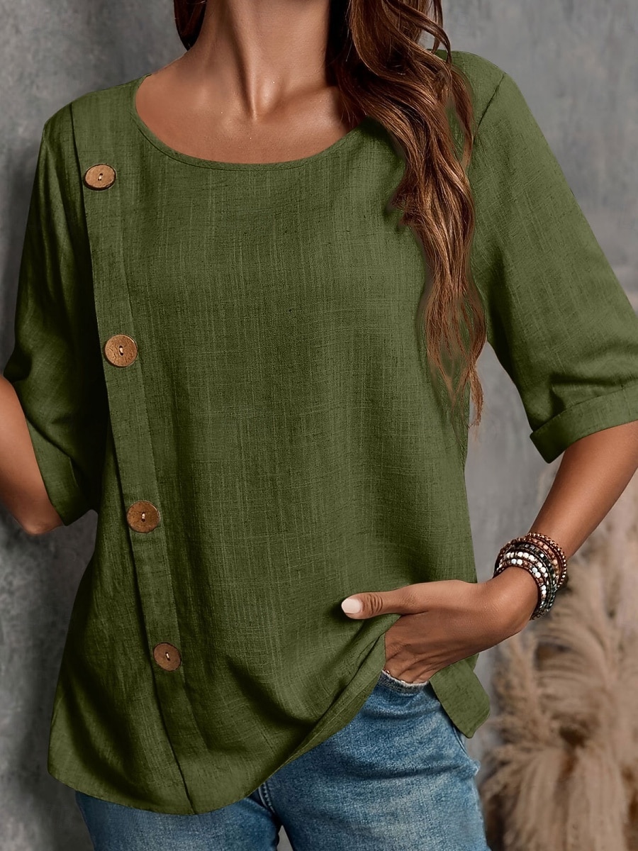 Damen Bluse Hemd aus Leinenimitat Knöpfe Einfarbig Stilvoll Basic Lässig Halbarm Rundhalsausschnitt Normale Oberteile Täglich Blau Schwarz Weiß Armeegrün Rote Sommer Frühling Herbst 2026 - $21.99 –P6