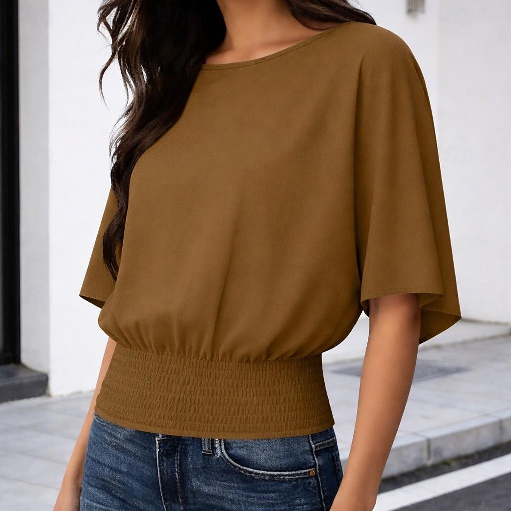 Women's T Shirt Tee Smocked Waist Solid Color Stylish Casual Short Sleeve Batwing Sleeve Crew Neck Round Neck Regular Tops Daily Going out Black White Green Coffee Gray Summer Spring 2026 - $21.99 –P5