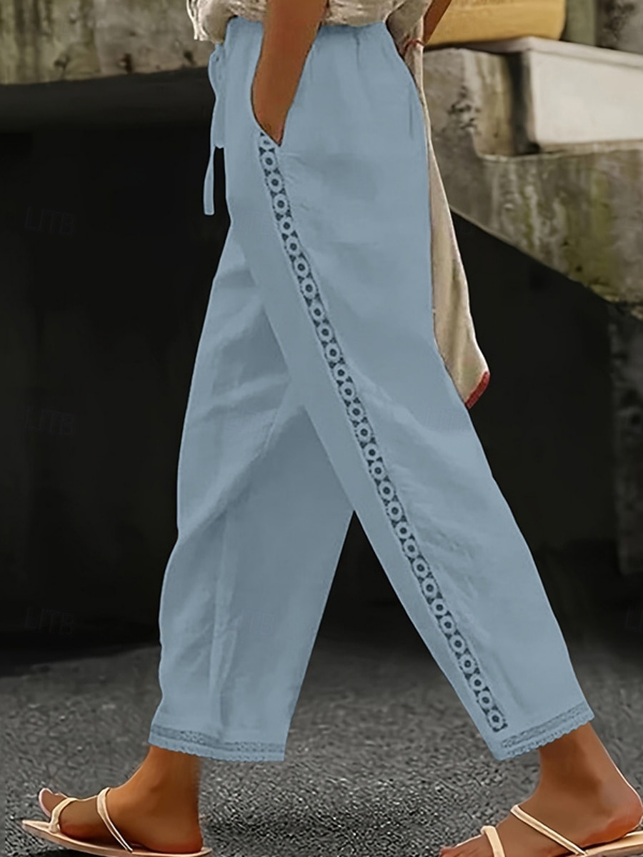 Per donna Pantaloni effetto lino Chinos Pantaloni Estivi Dritto Moda Streetwear Casual Lunghezza intera Vita Alta Semplice Pizzo Tasca Fascia Elastica Comodo Morbido Confortevole Micro-elastico del 2026 a $25.99 –P5