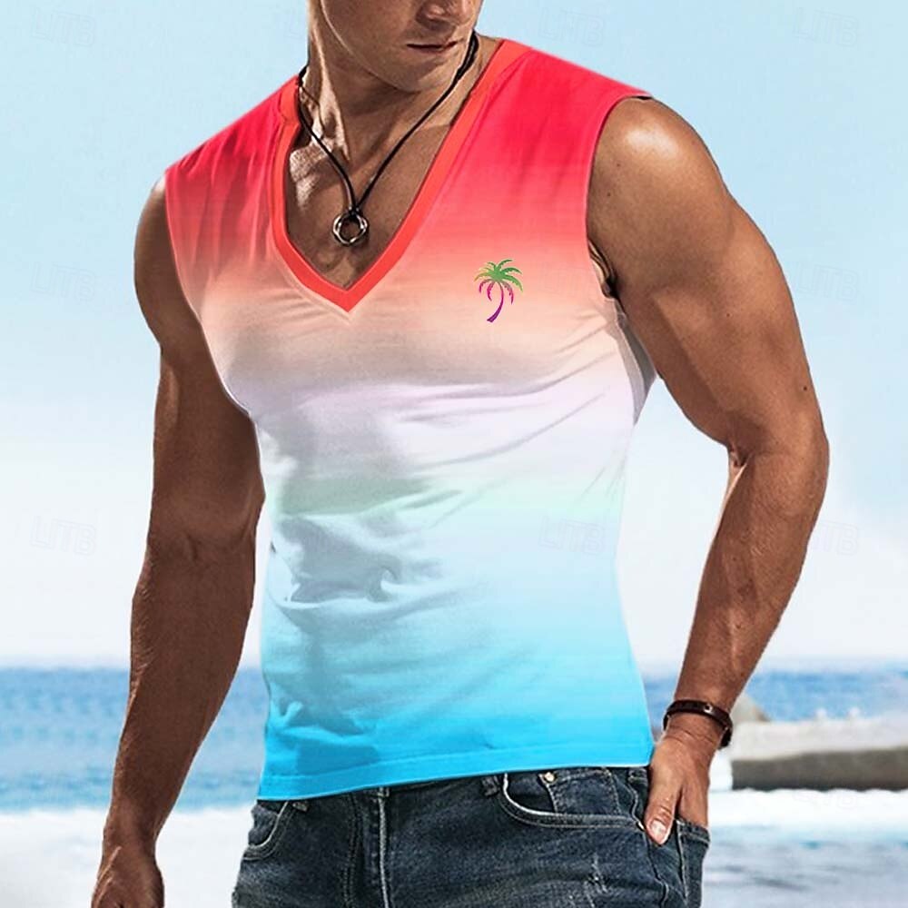 Men's Ombre Coconut Palm T Shirt Sleeveless T shirt 3D Print V Neck Shirt Tropical Outdoor Vacation Hawaiian Blue Red Purple Summer Spring Clothing Apparel S M L XL XXL XXXL 2026 - $17.99 –P4