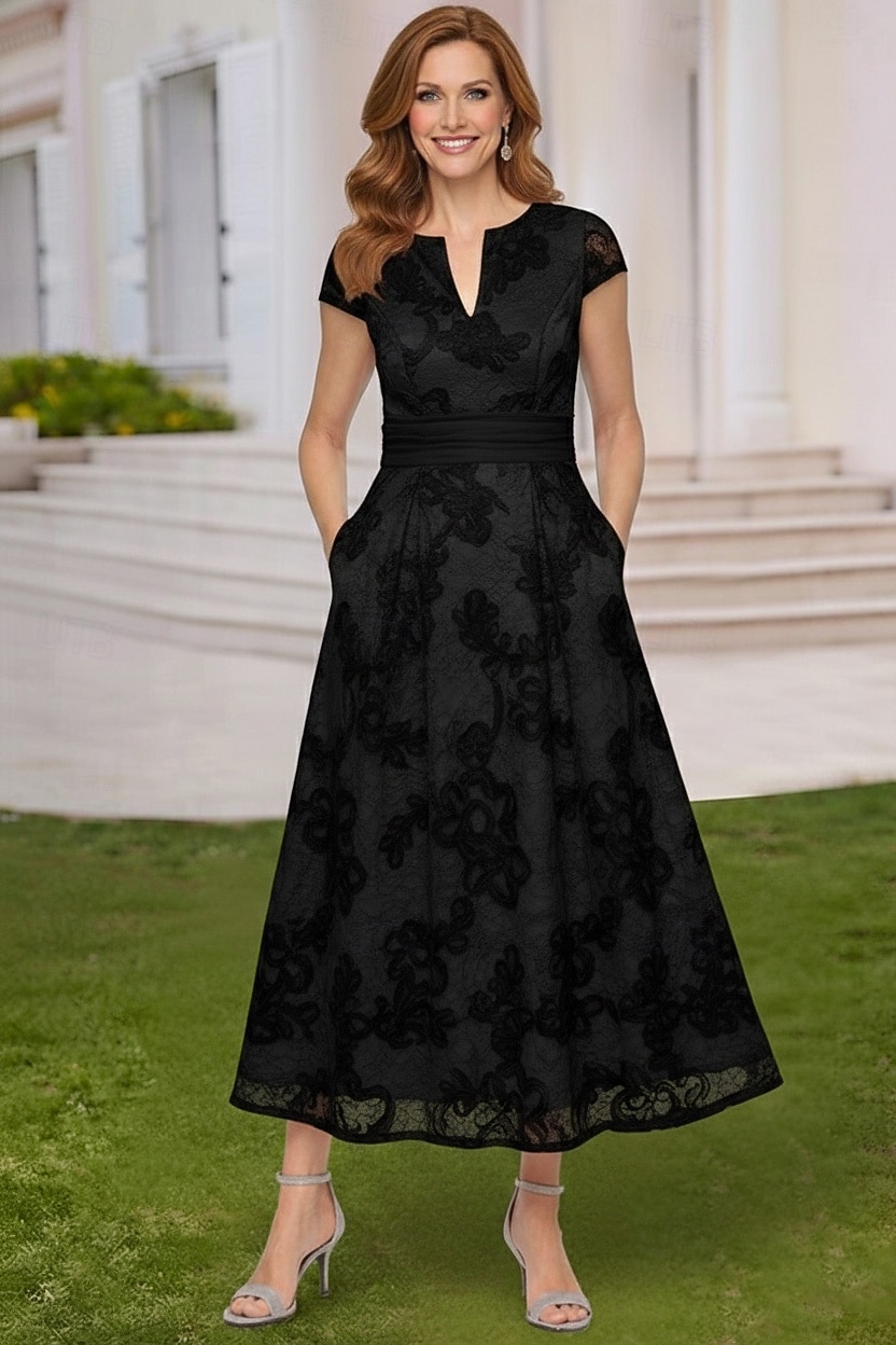 Corte A Vestidos Hasta el Tobillo Vestido Cóctel Vestido Invitada Boda Vestido de Madrina Manga Corta Escote en Pico Escote Barco Elegante Casual Formal con Bordados Apliques 2026 - $194.99 –P6