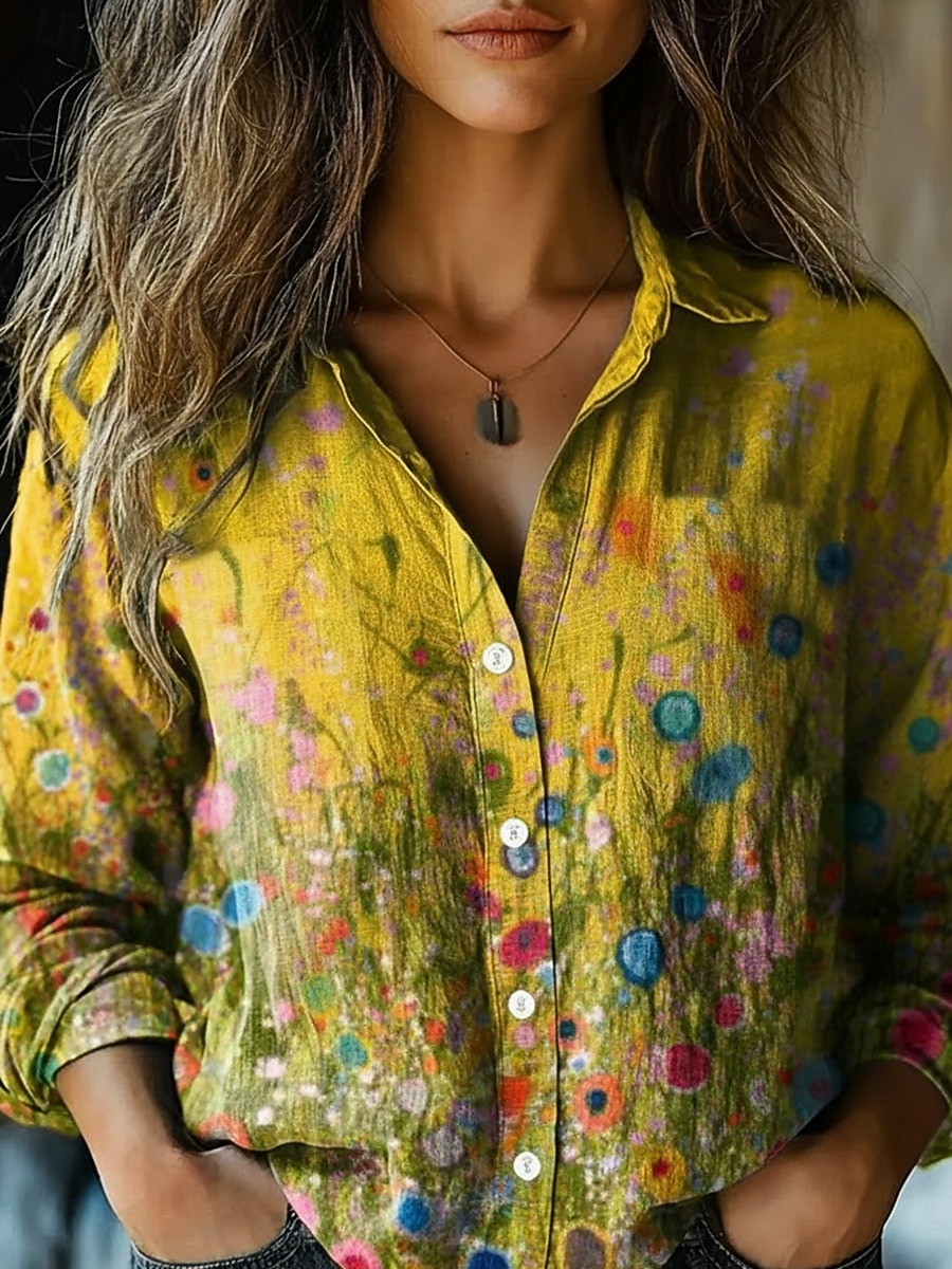Mujer Camisa Lino de algodón sintético Botones Estampado Floral Graphic Bohemia Activo Casual Manga Larga Cuello Camisero Tops regulares Diario Festivos Amarillo Primavera Otoño 2026 - $35.99 –P1
