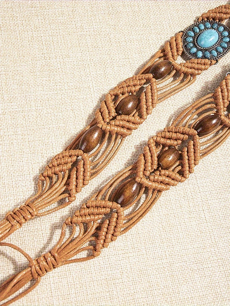 Naisten boheemi vahanurmivyö turkooseilla kivikoristeilla, säädettävä punottu vyö, monivärinen vintage-tyylinen asuste naisille, täydellinen jokapäiväiseen käyttöön, lomalle, rannalle ja lomakohteeseen 2026 - $14.99 –P10