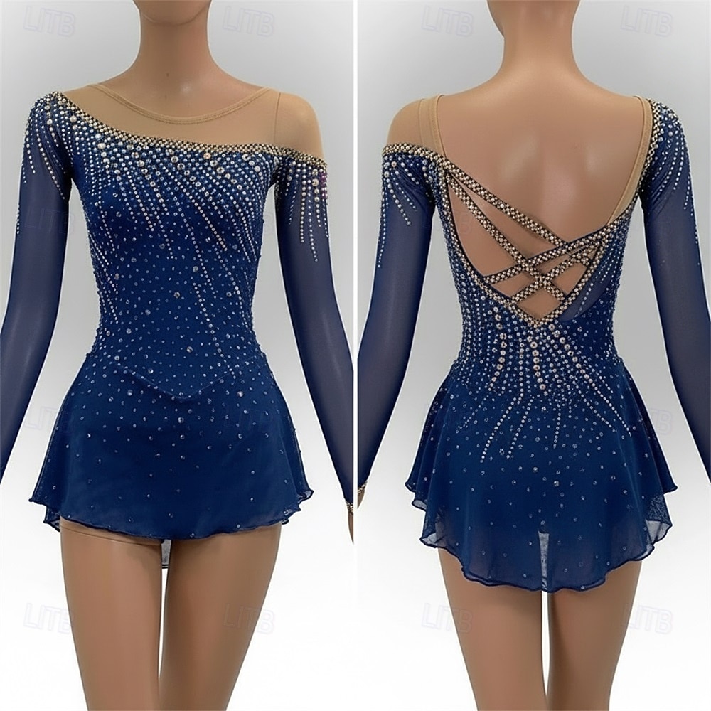 Abito da pattinaggio artistico Per donna Pattinaggio sul ghiaccio Vestito Blu marino Patchwork Schiena aperta Alta elasticità Allenamento Competizione Vestiti da pattinaggio sul ghiaccio Classico del 2026 a $314.09 –P1