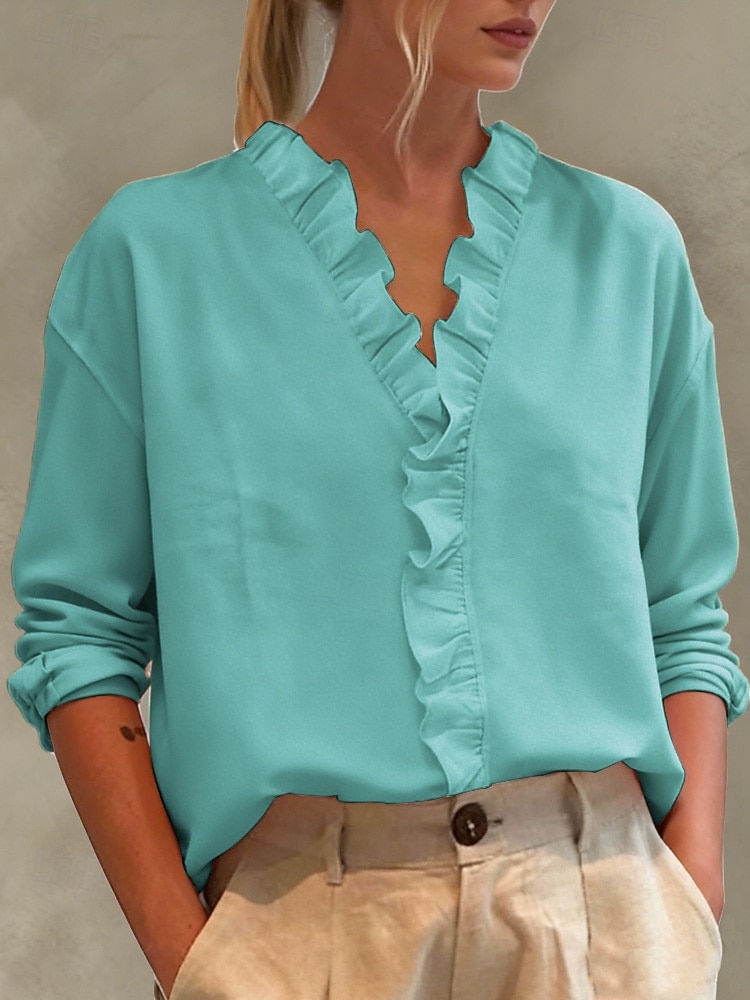 Women's Linen-feel Shirts Blouse Ruffle Solid Color Stylish Basic Casual Long Sleeve V Neck Regular Tops Daily Blue White Pink Royal Blue Green Spring Fall 2026 - $21.99 –P5