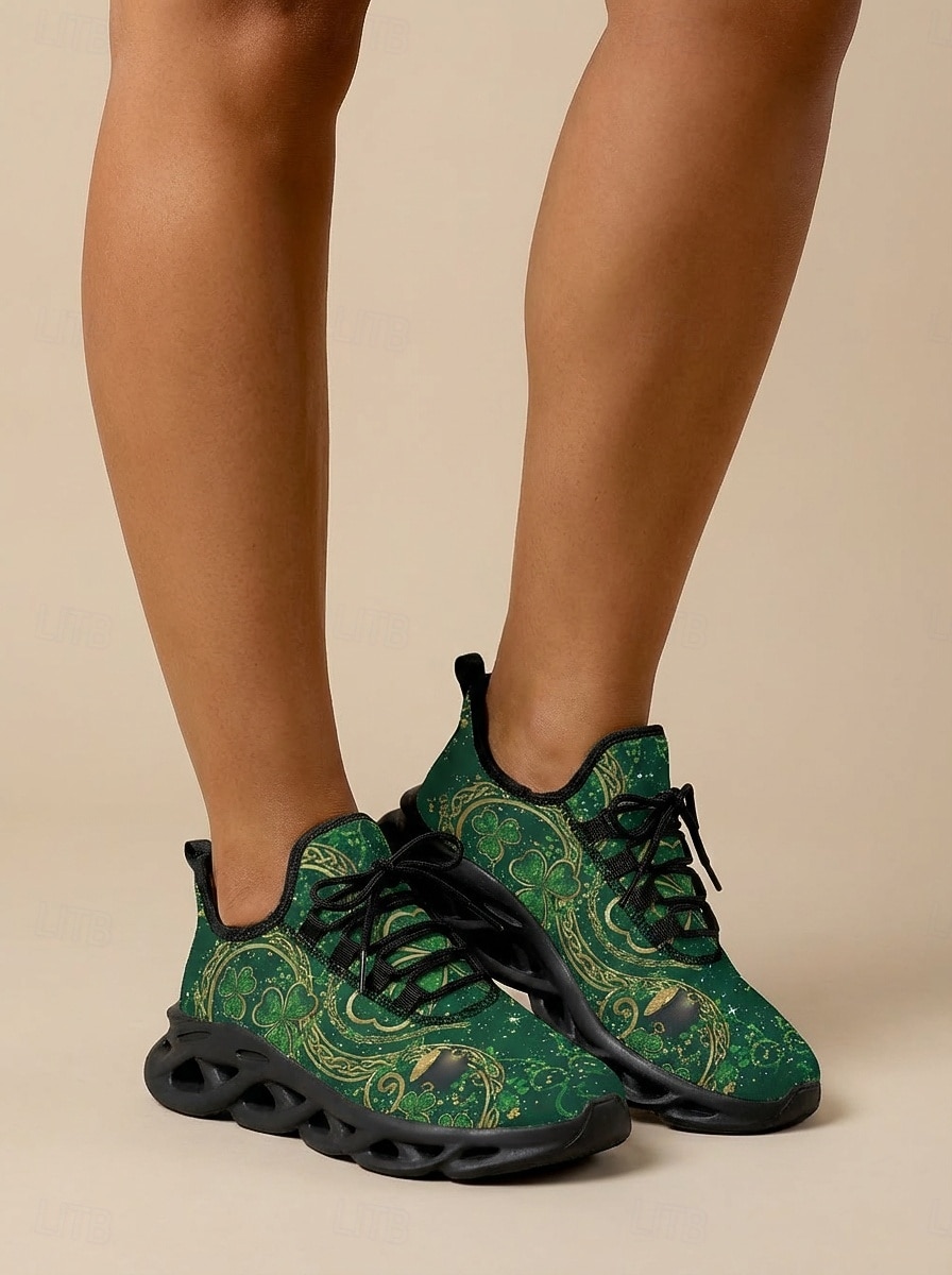 Gröna keltiska sneakers med snörning för damer, St. Patrick's Day - Lätta, vadderade promenadskor för irländska festivaler, parader, fester och resor &vardagskläder 2026 - $42.99 –P3