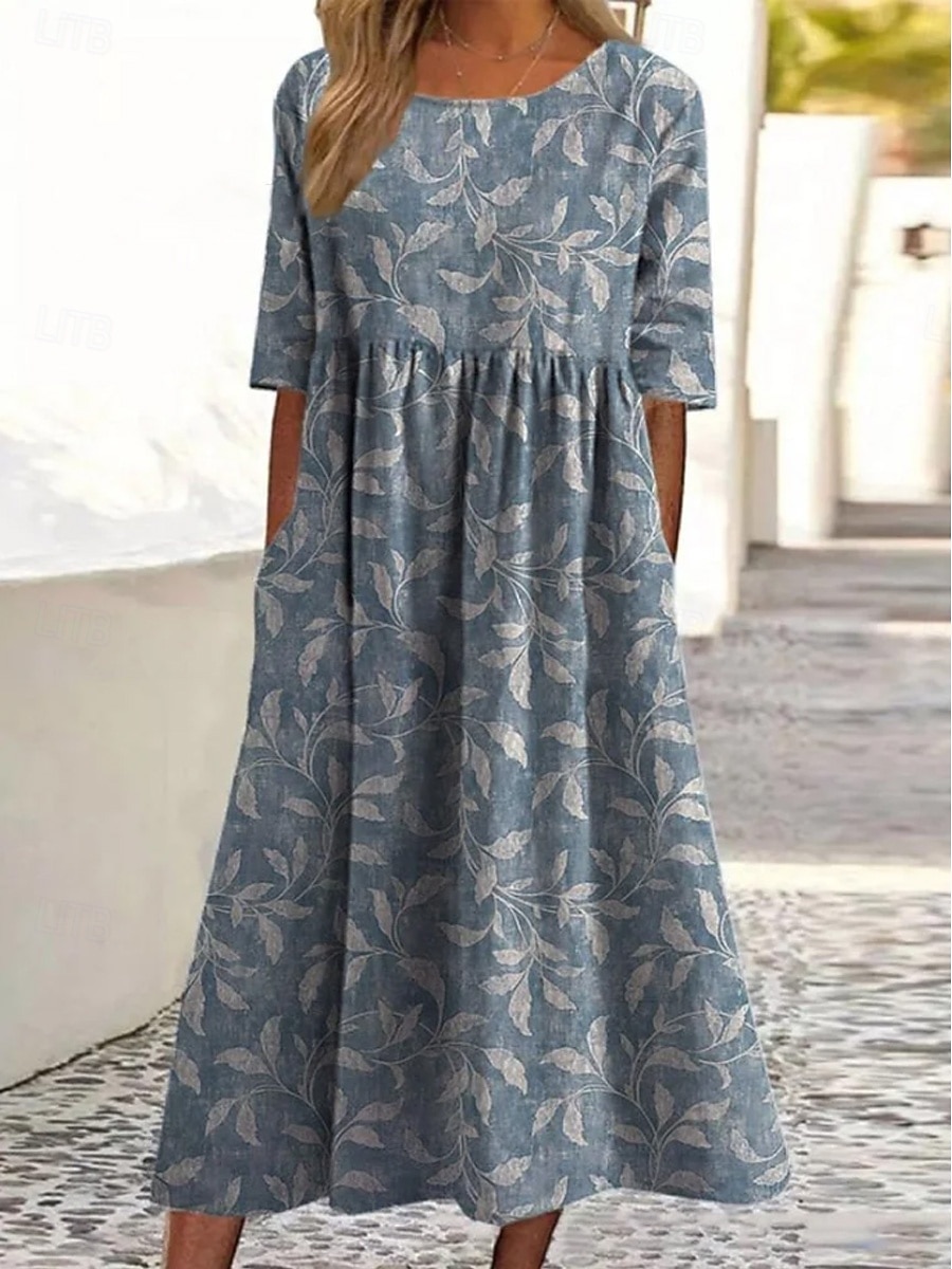 Women's Midi Dress Casual Dress Floral Dress Elegant Beach Regular Fit Floral Leaf Half Sleeve Crew Neck Blue Orange Khaki Beige Summer Spring 2026 - $39.99 –P1