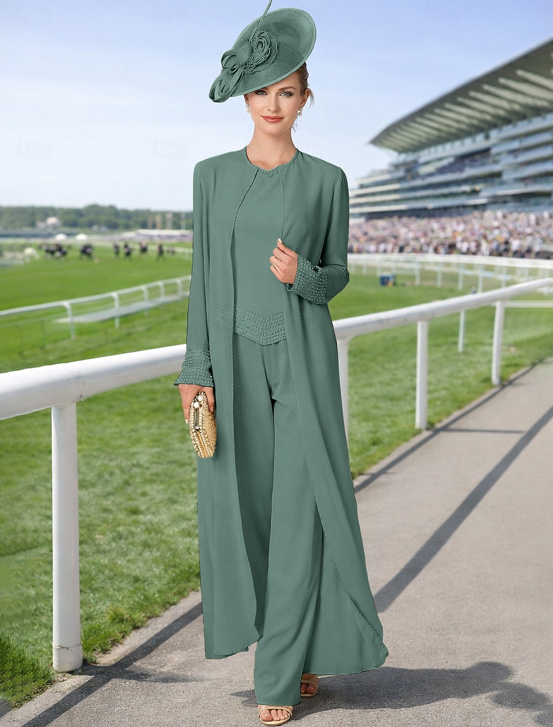 Overall Hosenanzug Dreiteilig Bodenlang Brautmutterkleid Langarm Bateau-Ausschnitt Elegant Übergröße Mit Schal Formell Hochzeitsgast Chiffon Mit Schal mit Perlenstickerei 2026 - $183.99 –P5
