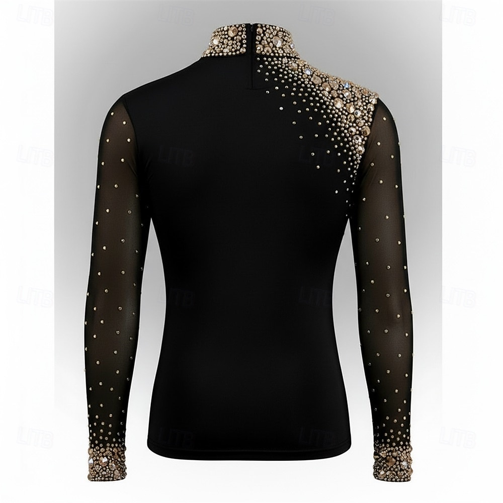 Figure Skating Top Men's Ice Skating Tops Black Patchwork Stretchy Training Competition Skating Wear Classic Crystal / Rhinestone Long Sleeve Ice Skating Figure Skating 2026 - $265.49 –P2
