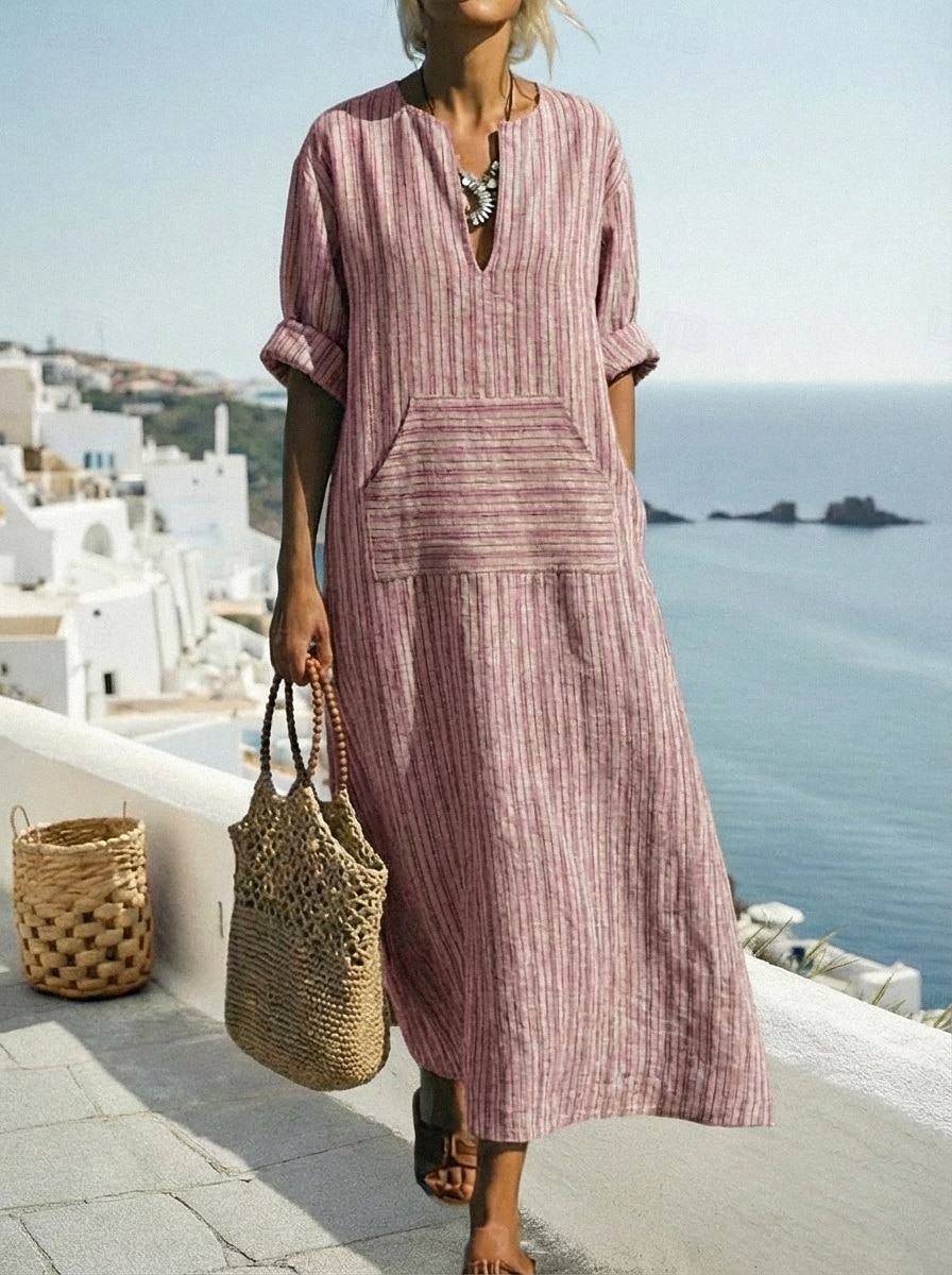 Mujer Normal Vestido maxi Vestidos con tacto de lino Lino de algodón sintético Vestido Kaftan Vestido vintage Elegante Casual Diario Trabajo Holgado Raya Manga Larga Escote en Pico Rojo Verde Trébol 2026 - $22.99 –P1