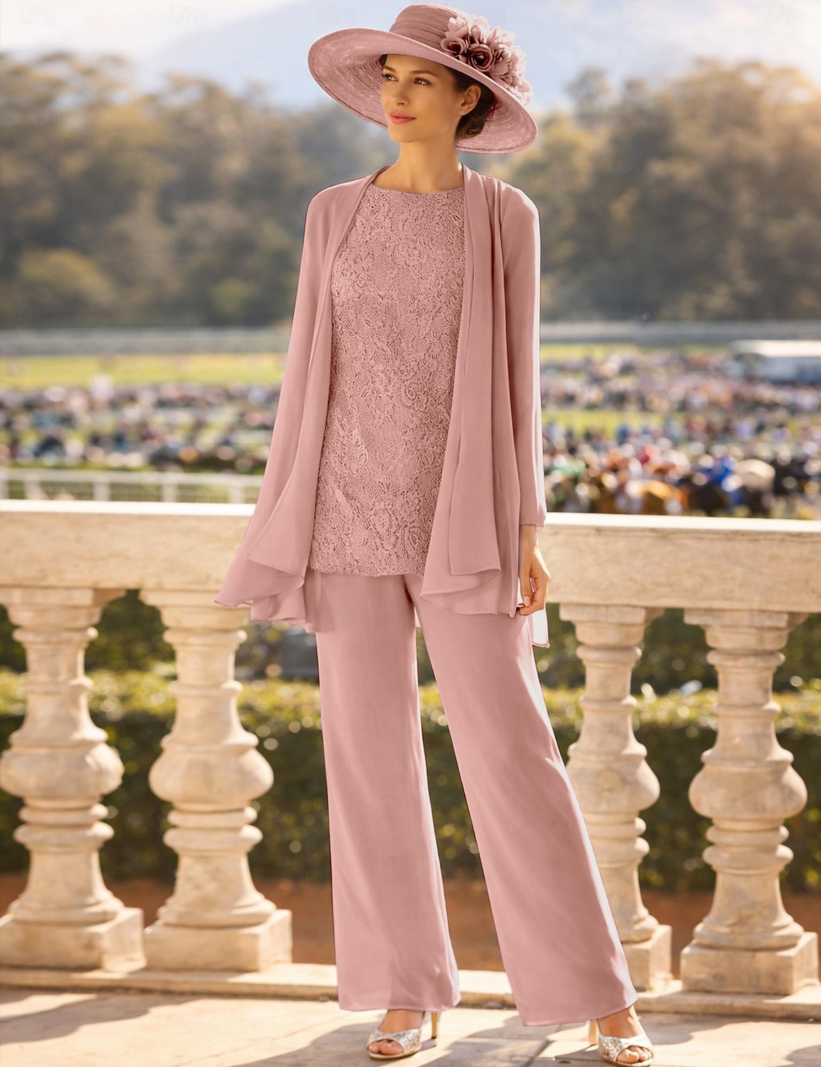 3-delt buksedress gulvlang mor til bruden kjole langermet rund hals elegant formell brudgjest med perler 2026 - $125.99 –P12