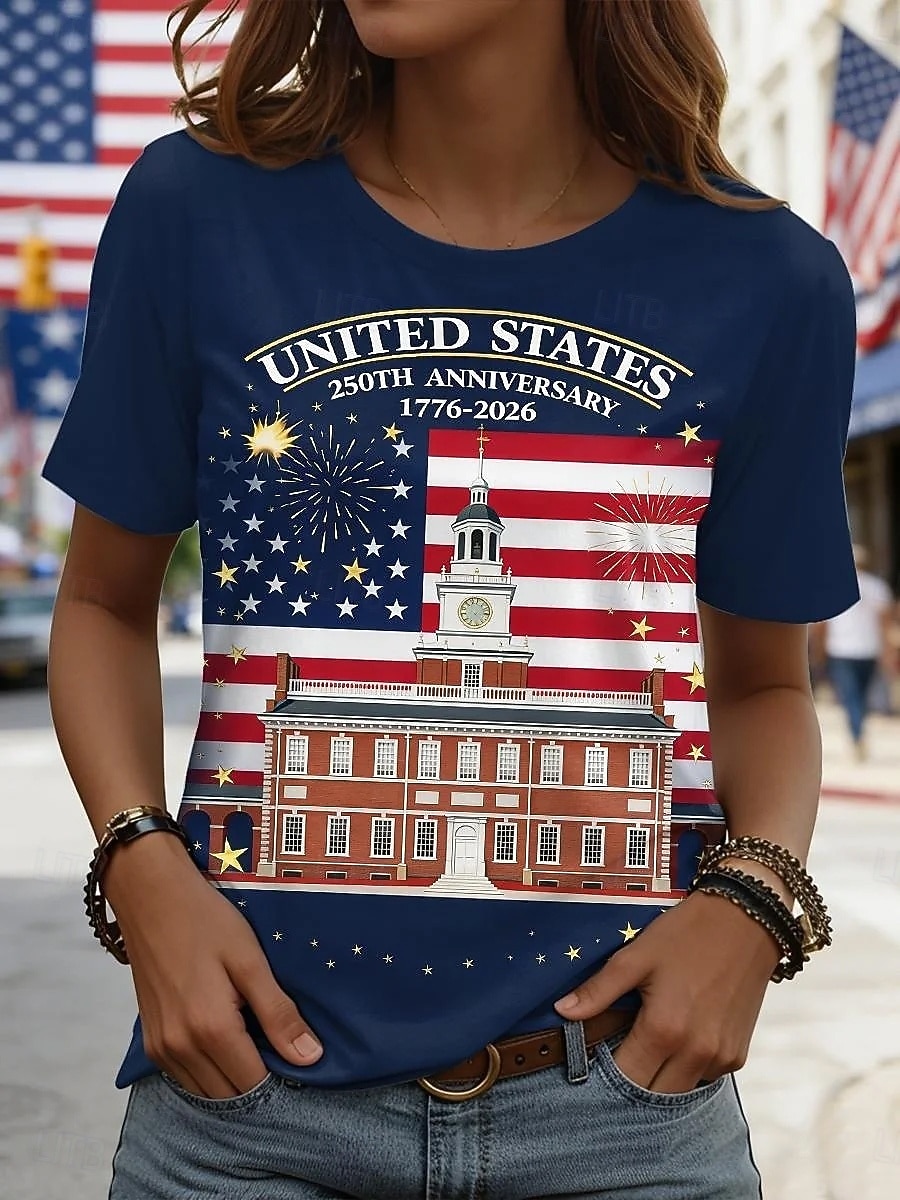 Jour de l'Indépendance Américaine Femmes T-shirt Imprimé Graphique Drapeau Élégant Classique Occasionnel Manche Courte Col ras du cou Col rond Hauts Réguliers Quotidien Bleu Rouge Rouge / Bleu Ét de 2026 ? $22.99 –P3